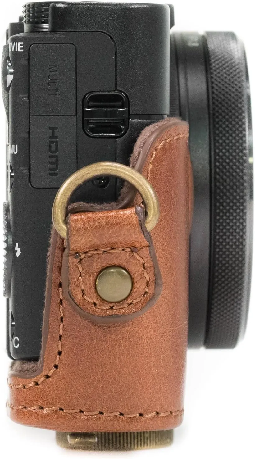 MegaGear MG875 Sony Cyber-Shot DSC-RX100 VI, DSC-RX100 V, DSC-RX100 IV Ever Ready Genuine Leather Camera Case with Strap - Dark Brown