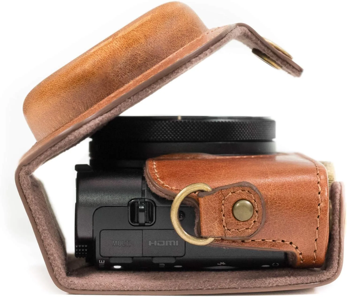 MegaGear MG875 Sony Cyber-Shot DSC-RX100 VI, DSC-RX100 V, DSC-RX100 IV Ever Ready Genuine Leather Camera Case with Strap - Dark Brown