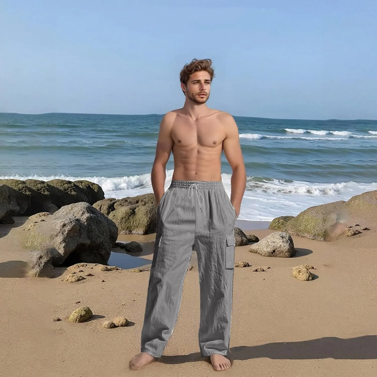 Mens Cargo Pants Lightweight Comfy Elastic Waist Linen Pants Casual Summer Yoga Work Pants Beach Outfits with Pockets