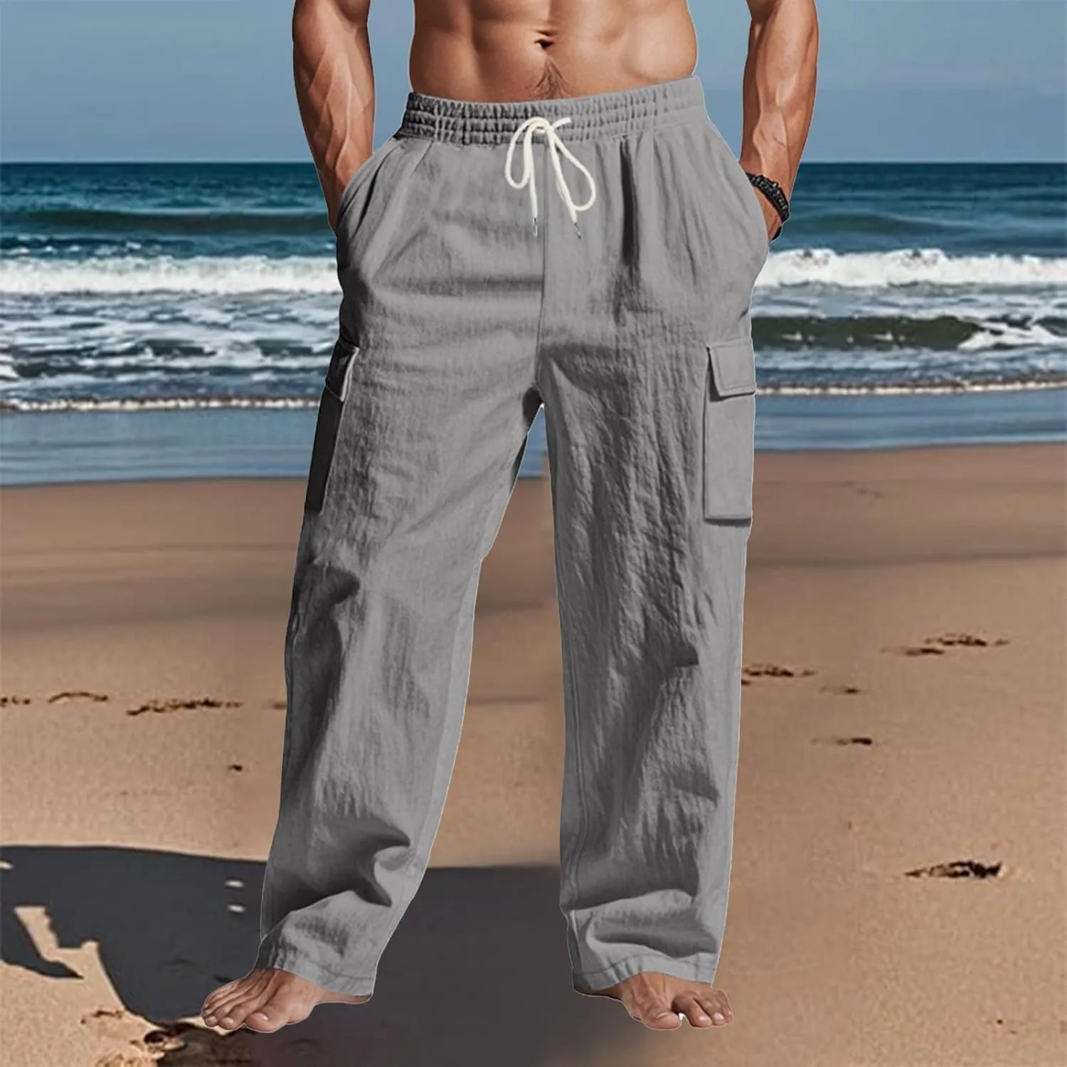 Mens Cargo Pants Lightweight Comfy Elastic Waist Linen Pants Casual Summer Yoga Work Pants Beach Outfits with Pockets