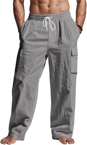 Mens Cargo Pants Lightweight Comfy Elastic Waist Linen Pants Casual Summer Yoga Work Pants Beach Outfits with Pockets