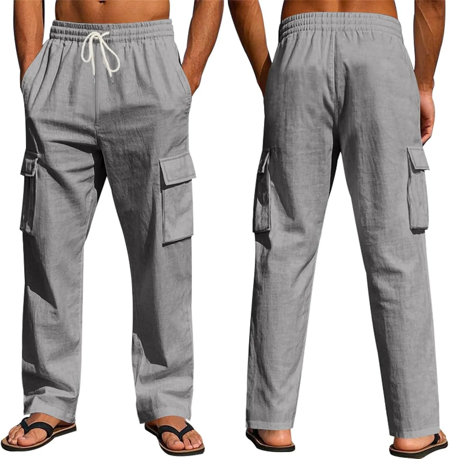 Mens Cargo Pants Lightweight Comfy Elastic Waist Linen Pants Casual Summer Yoga Work Pants Beach Outfits with Pockets