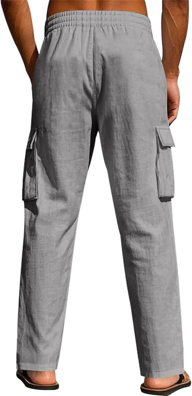 Mens Cargo Pants Lightweight Comfy Elastic Waist Linen Pants Casual Summer Yoga Work Pants Beach Outfits with Pockets