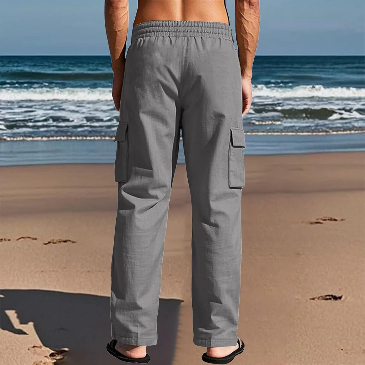 Mens Cargo Pants Lightweight Comfy Elastic Waist Linen Pants Casual Summer Yoga Work Pants Beach Outfits with Pockets