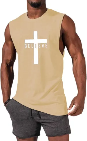 Men's Cotton Graphic Tank Tops Jesus Cross Believe Printed Faith Christian Shirts