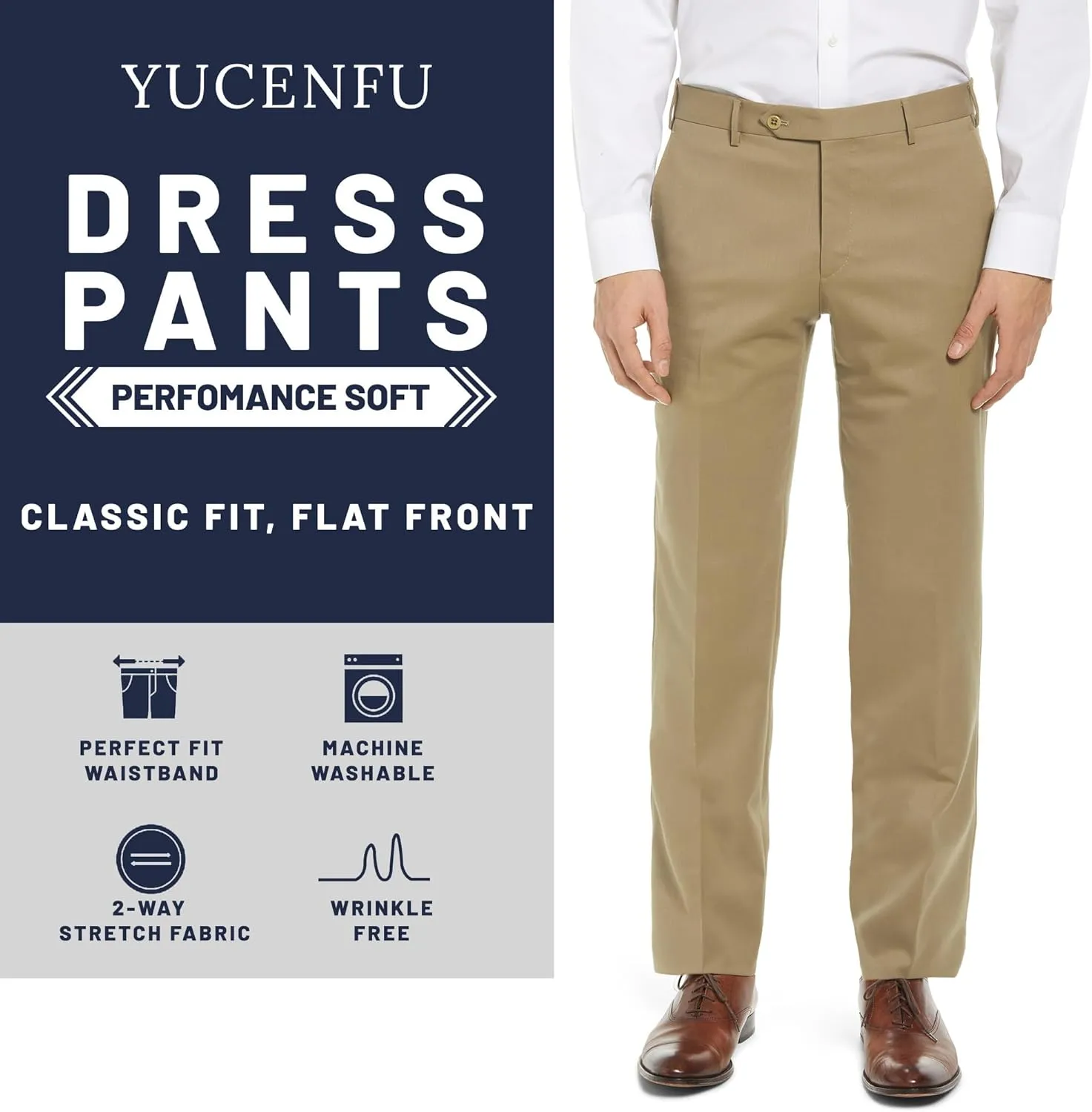 Men's Hidden Extendable Waist Fit Straight Legs Flat Front Wrinkle Free Mid-Rise Dress Pants