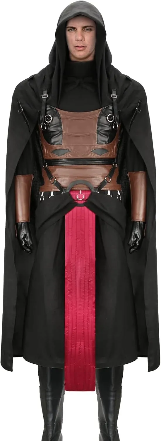 Mens Knight Revan Costume Full Set Medieval Tunic Hooded Robe Black Cloak Battle Uniform Halloween Cosplay Outfit