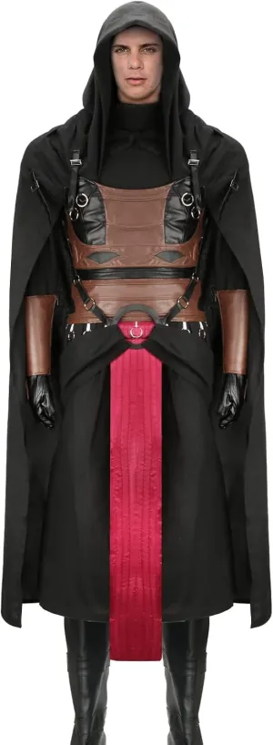 Mens Knight Revan Costume Full Set Medieval Tunic Hooded Robe Black Cloak Battle Uniform Halloween Cosplay Outfit