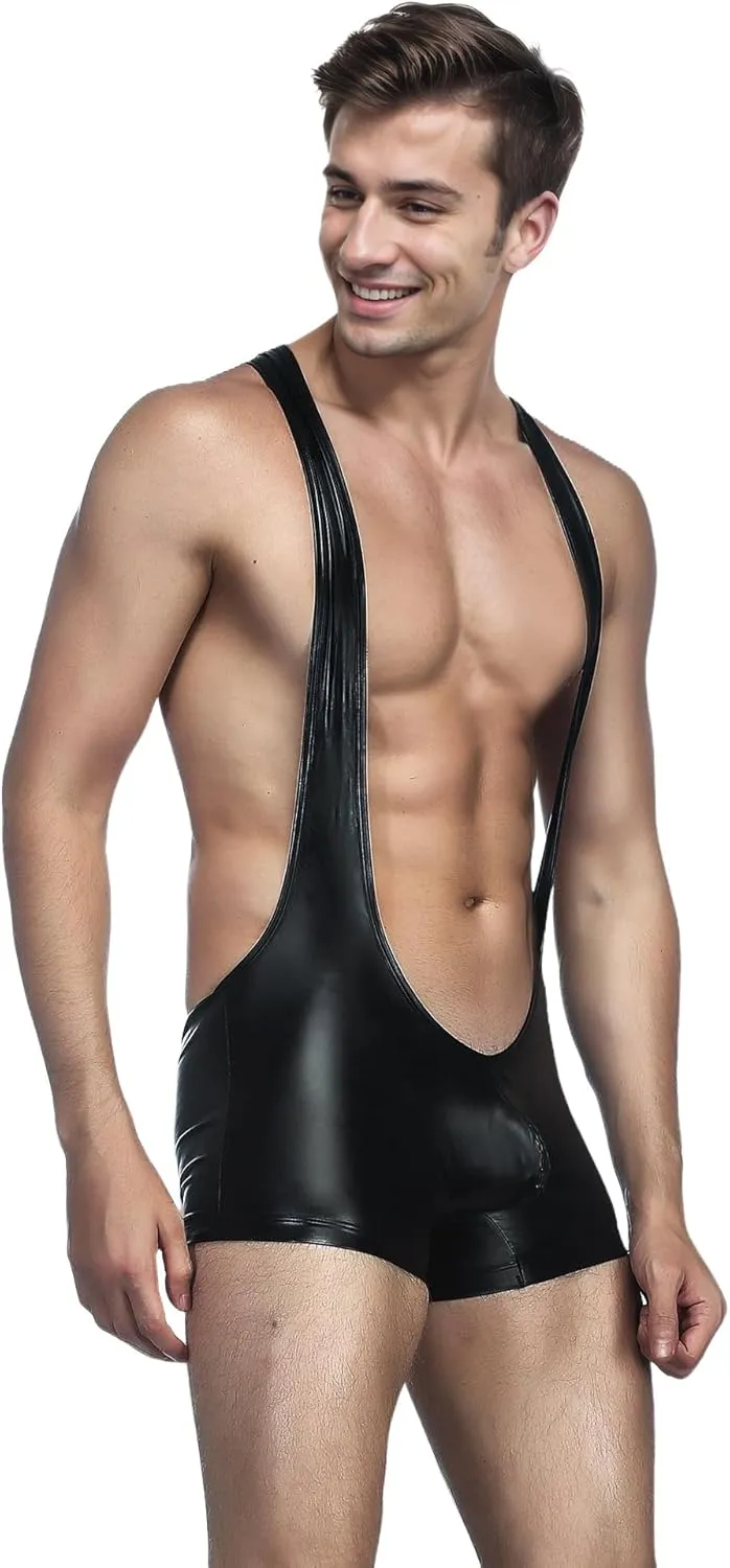 Men's Lingerie Faux Leather Bodysuit Underwear Sexy Leotard Boxers Briefs Sissy Clothes for Men Black S-XL