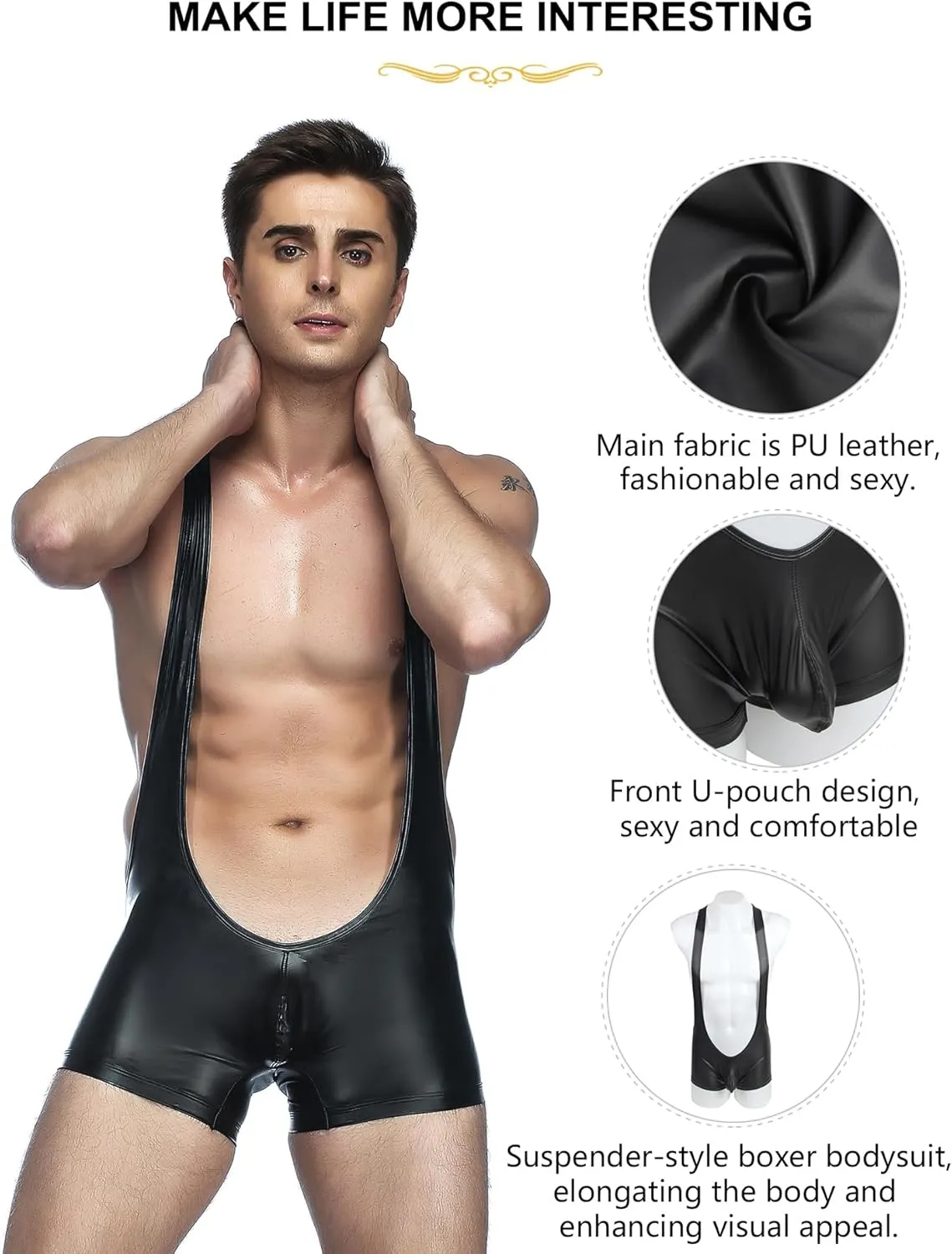 Men's Lingerie Faux Leather Bodysuit Underwear Sexy Leotard Boxers Briefs Sissy Clothes for Men Black S-XL