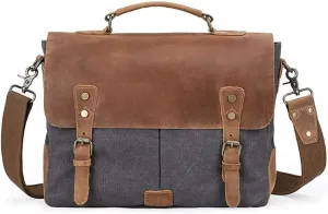 Mens Messenger Bag Canvas Briefcase Large Satchel Shoulder Bag Rugged Leather Computer Laptop Bag(14 INCH)
