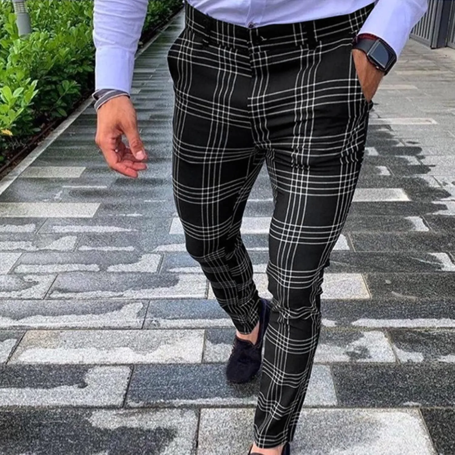 Men's Slim Fit Plaid Pants Stretch Chinos Flat Front Tapered Skinny Pencil Trousers Pockets Casual Business Work Dress Pants