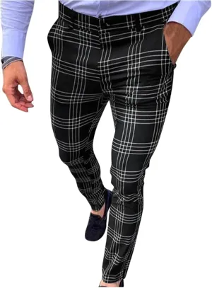 Men's Slim Fit Plaid Pants Stretch Chinos Flat Front Tapered Skinny Pencil Trousers Pockets Casual Business Work Dress Pants