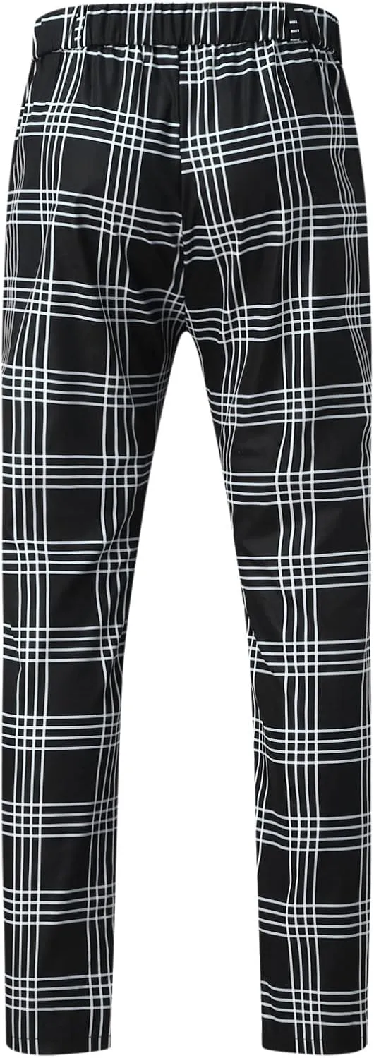 Men's Slim Fit Plaid Pants Stretch Chinos Flat Front Tapered Skinny Pencil Trousers Pockets Casual Business Work Dress Pants