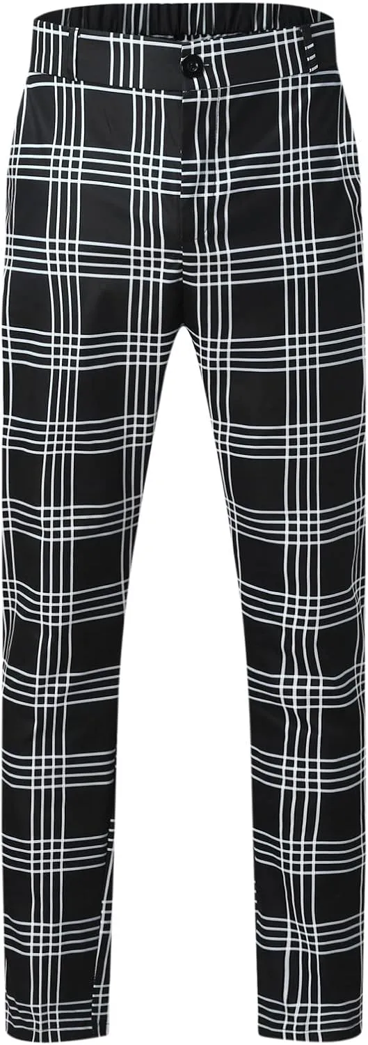 Men's Slim Fit Plaid Pants Stretch Chinos Flat Front Tapered Skinny Pencil Trousers Pockets Casual Business Work Dress Pants