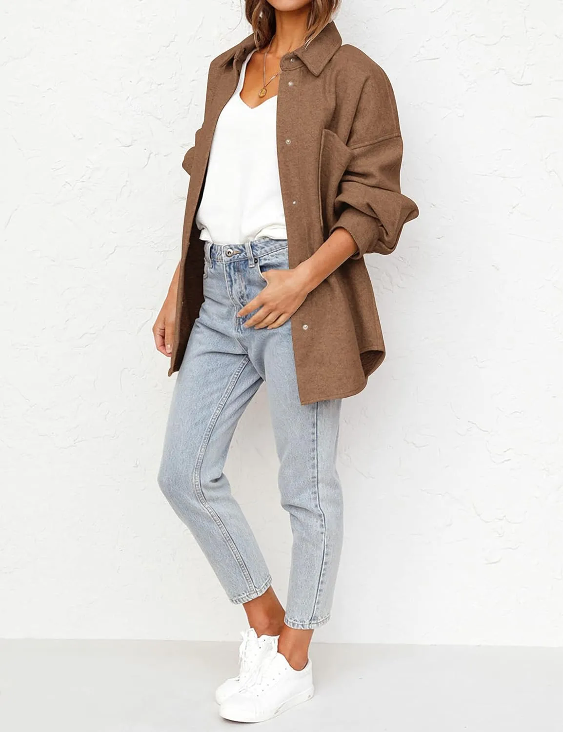 MEROKEETY Women's 2024 Fall Oversized Long Sleeve Shacket Jacket Button Down Wool Blend Coats with Pockets