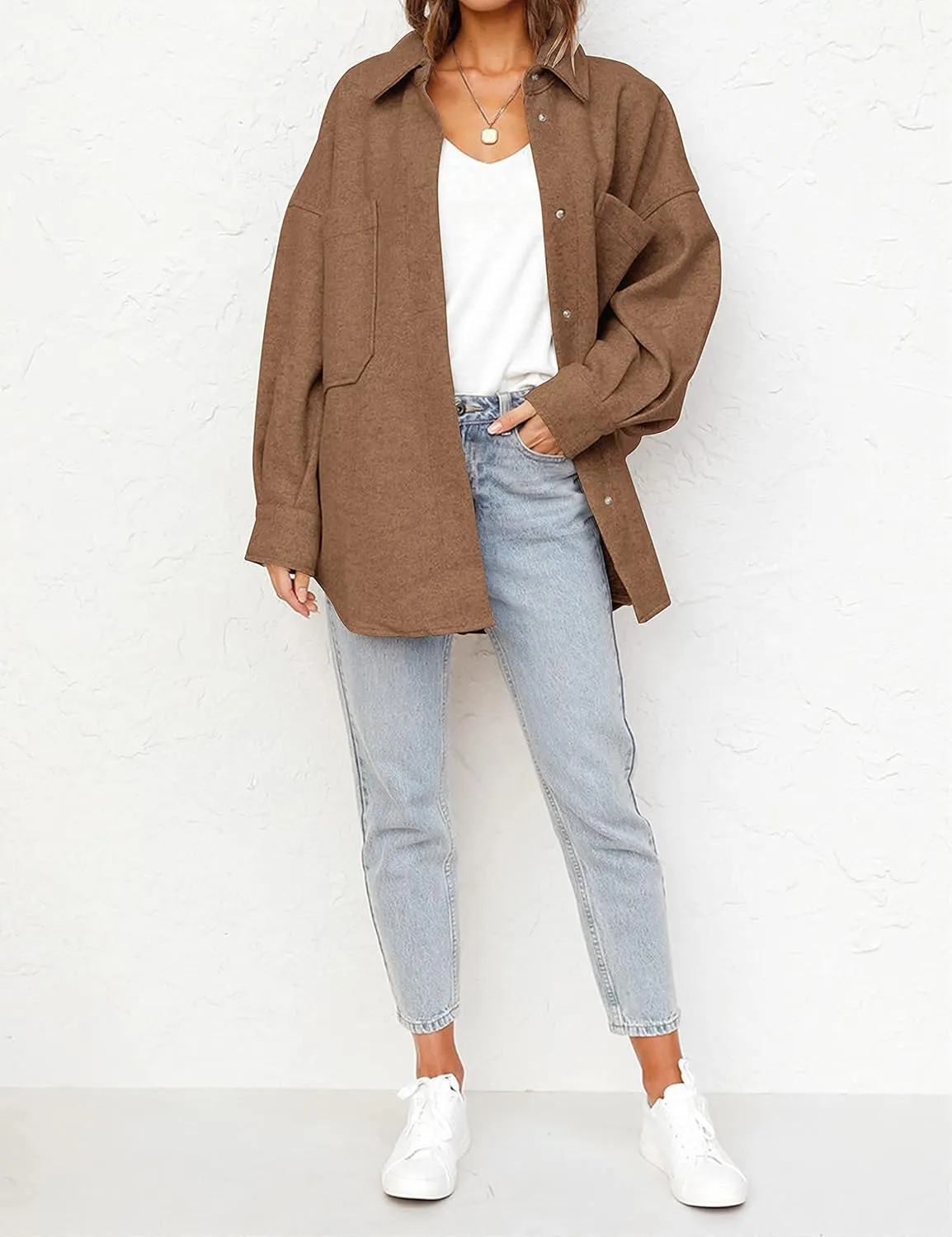 MEROKEETY Women's 2024 Fall Oversized Long Sleeve Shacket Jacket Button Down Wool Blend Coats with Pockets