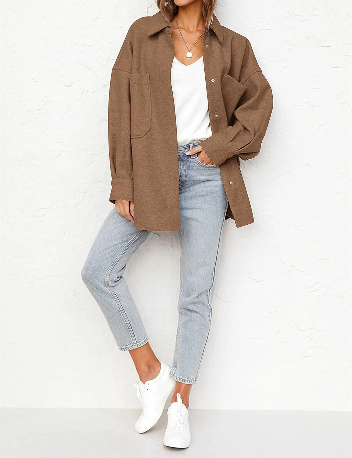 MEROKEETY Women's 2024 Fall Oversized Long Sleeve Shacket Jacket Button Down Wool Blend Coats with Pockets