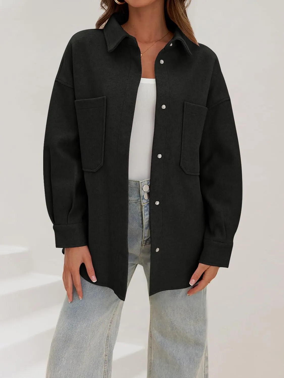 MEROKEETY Women's 2024 Fall Oversized Long Sleeve Shacket Jacket Button Down Wool Blend Coats with Pockets