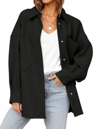 MEROKEETY Women's 2024 Fall Oversized Long Sleeve Shacket Jacket Button Down Wool Blend Coats with Pockets