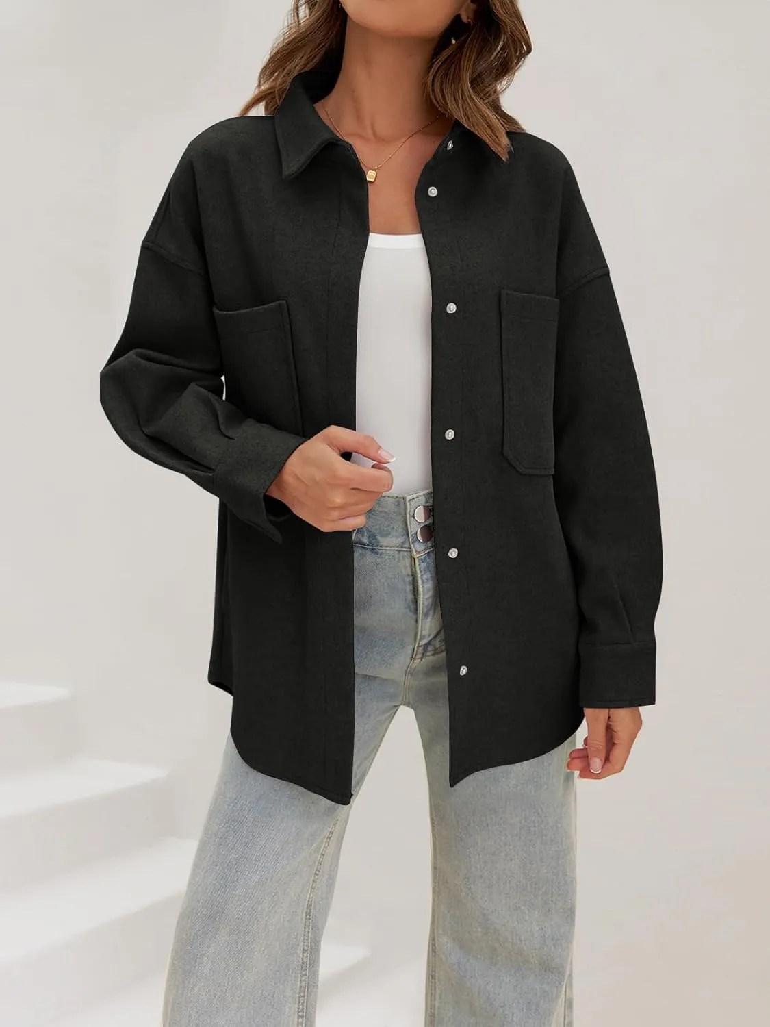 MEROKEETY Women's 2024 Fall Oversized Long Sleeve Shacket Jacket Button Down Wool Blend Coats with Pockets