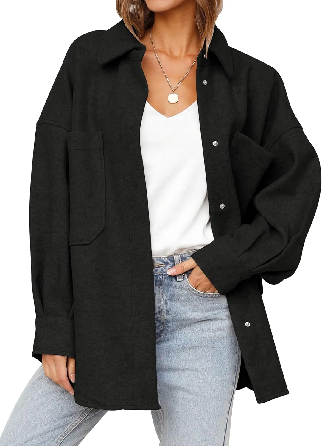 MEROKEETY Women's 2024 Fall Oversized Long Sleeve Shacket Jacket Button Down Wool Blend Coats with Pockets