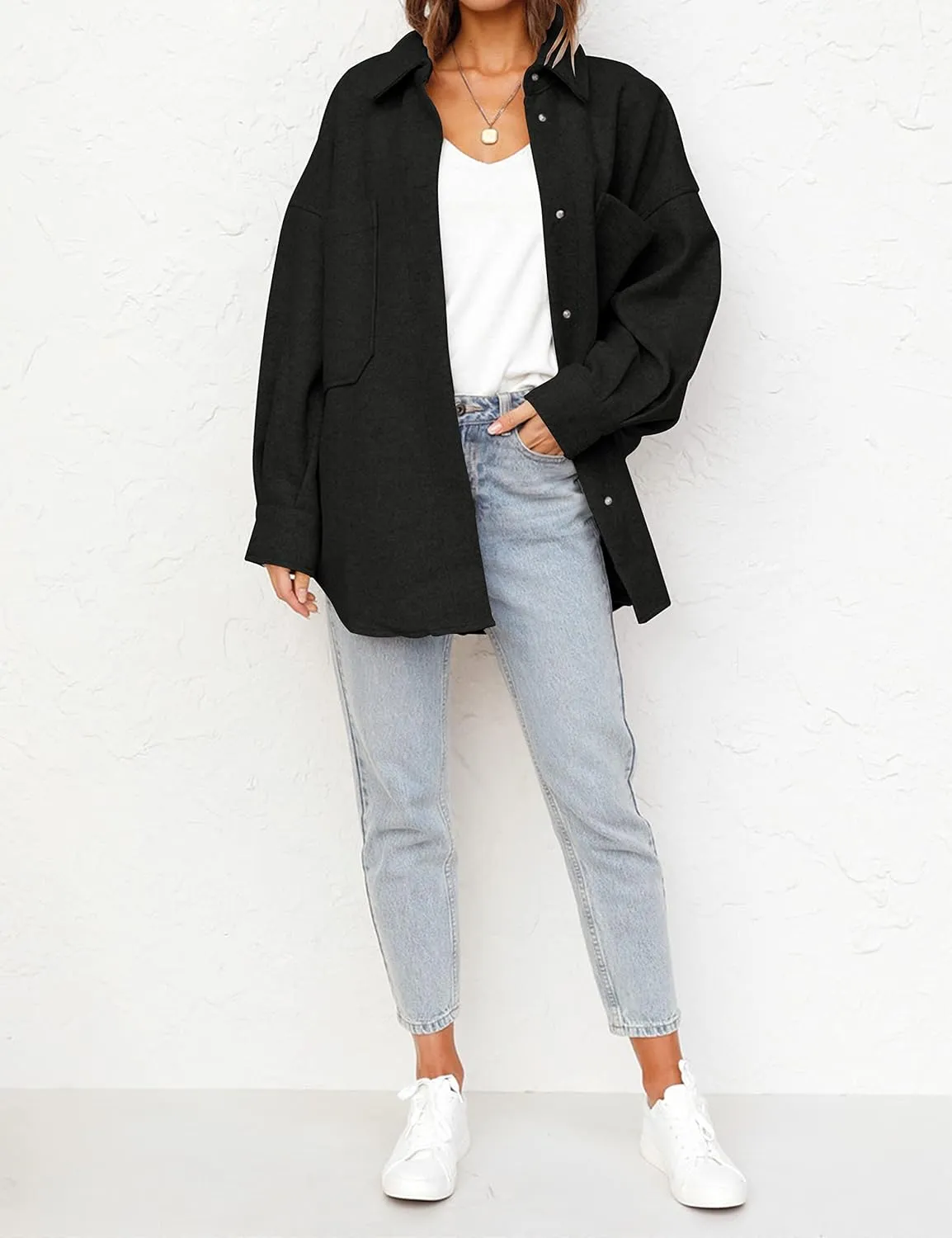 MEROKEETY Women's 2024 Fall Oversized Long Sleeve Shacket Jacket Button Down Wool Blend Coats with Pockets