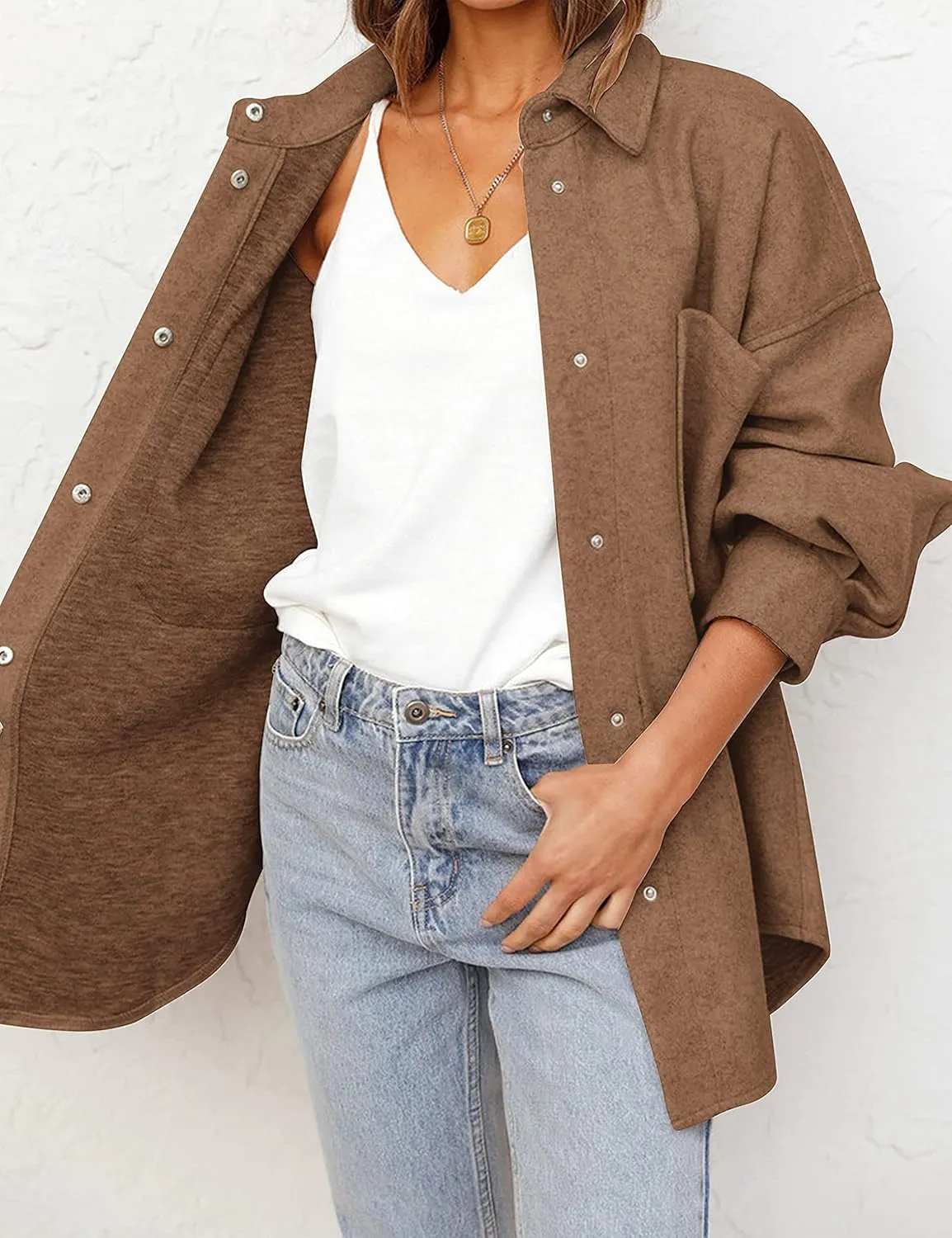 MEROKEETY Women's 2024 Fall Oversized Long Sleeve Shacket Jacket Button Down Wool Blend Coats with Pockets