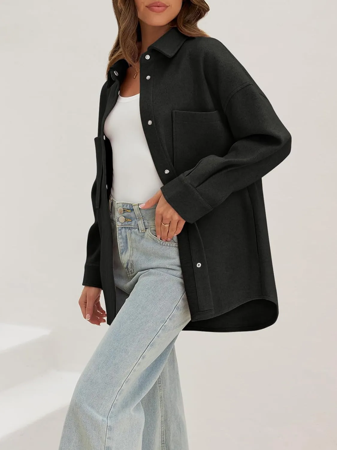 MEROKEETY Women's 2024 Fall Oversized Long Sleeve Shacket Jacket Button Down Wool Blend Coats with Pockets
