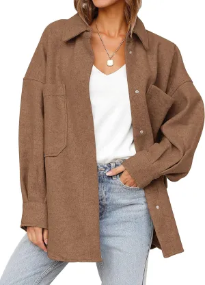 MEROKEETY Women's 2024 Fall Oversized Long Sleeve Shacket Jacket Button Down Wool Blend Coats with Pockets