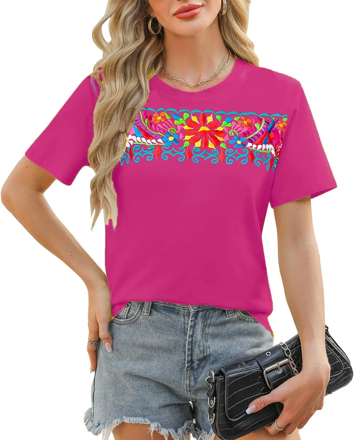 Mexican Shirts for Women: Floral Embroidered T-Shirt Cinco De Mayo Tees Mexico Fiesta Tops Casual Boho Tunic