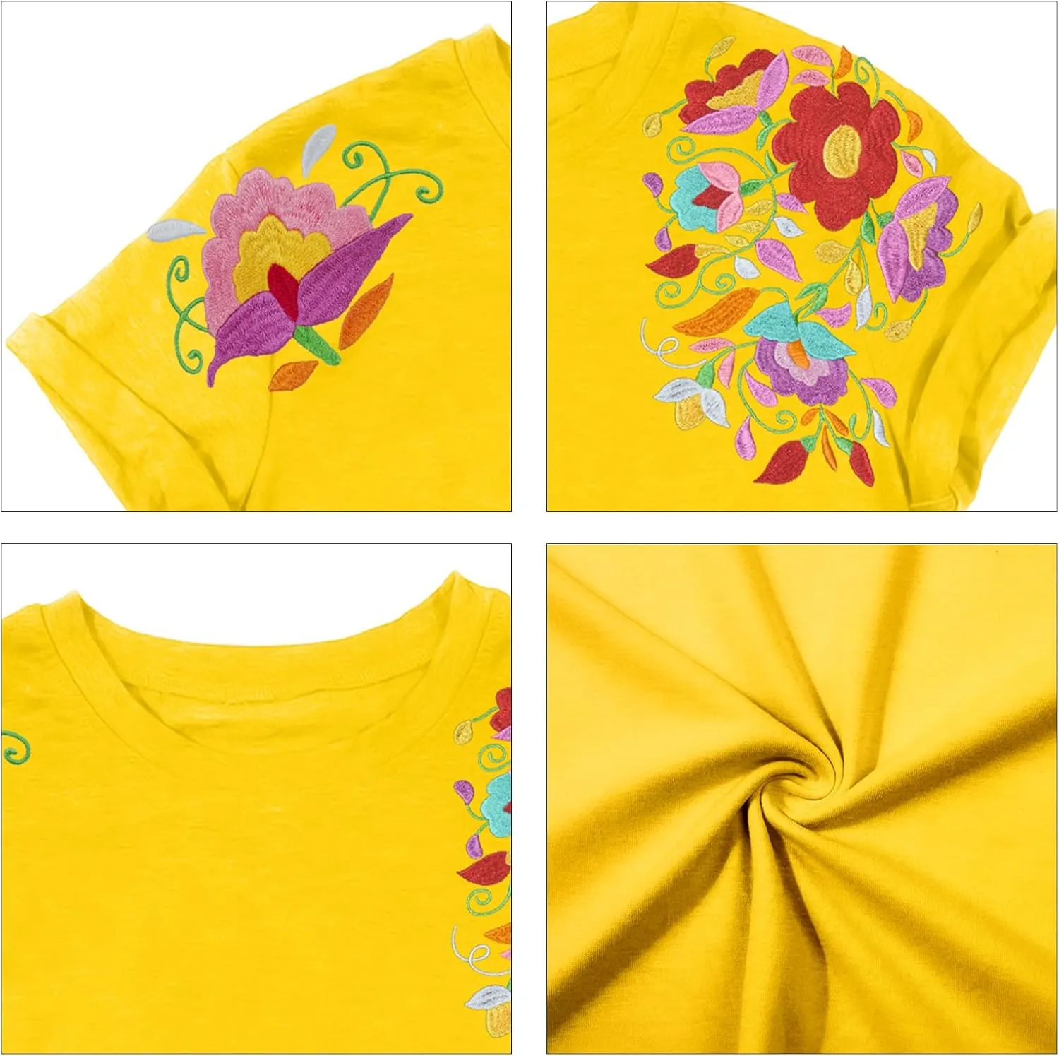 Mexican Shirts for Women: Floral Embroidered T-Shirt Cinco De Mayo Tees Mexico Fiesta Tops Casual Boho Tunic