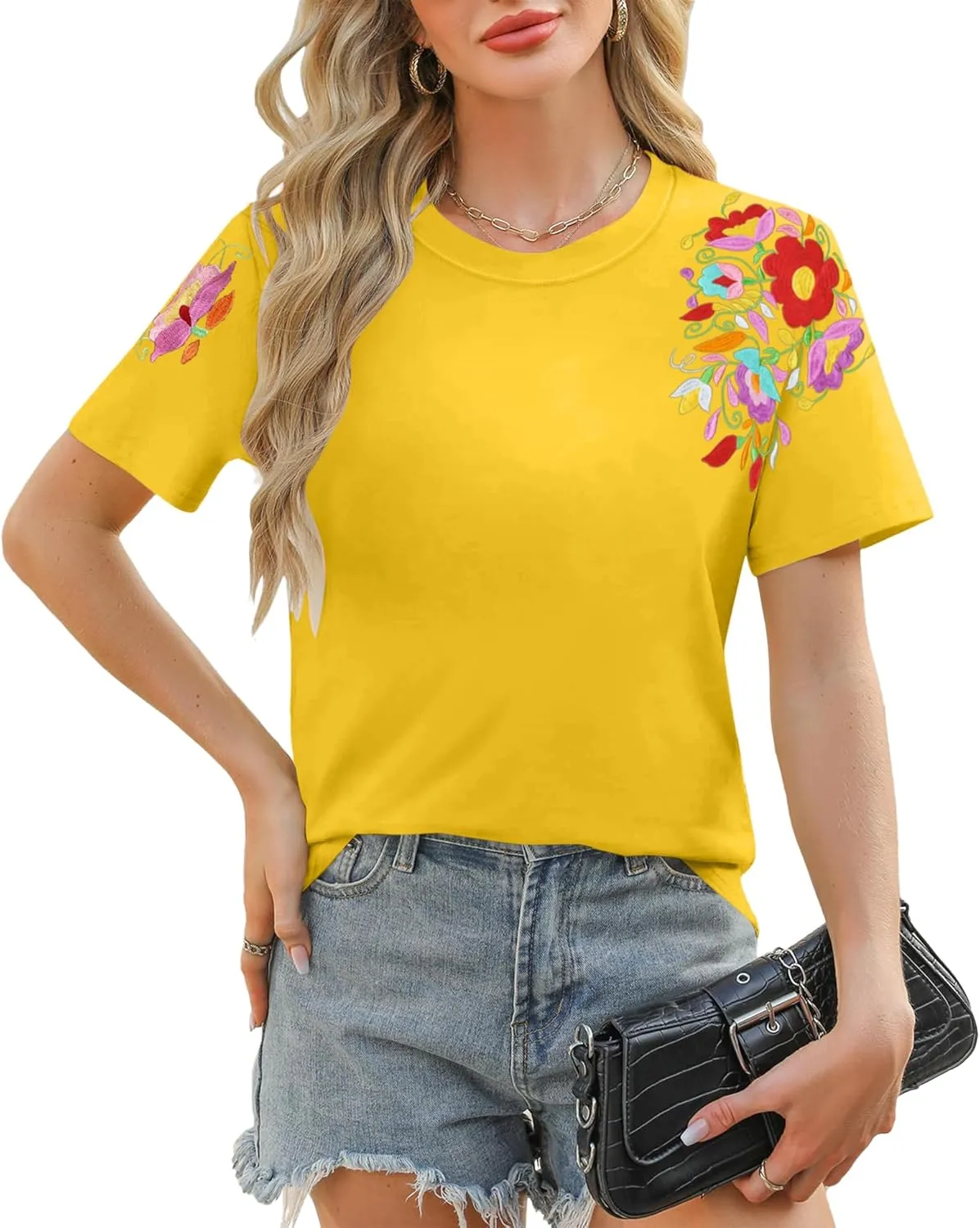 Mexican Shirts for Women: Floral Embroidered T-Shirt Cinco De Mayo Tees Mexico Fiesta Tops Casual Boho Tunic