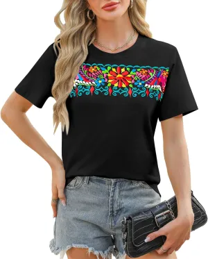 Mexican Shirts for Women: Floral Embroidered T-Shirt Cinco De Mayo Tees Mexico Fiesta Tops Casual Boho Tunic