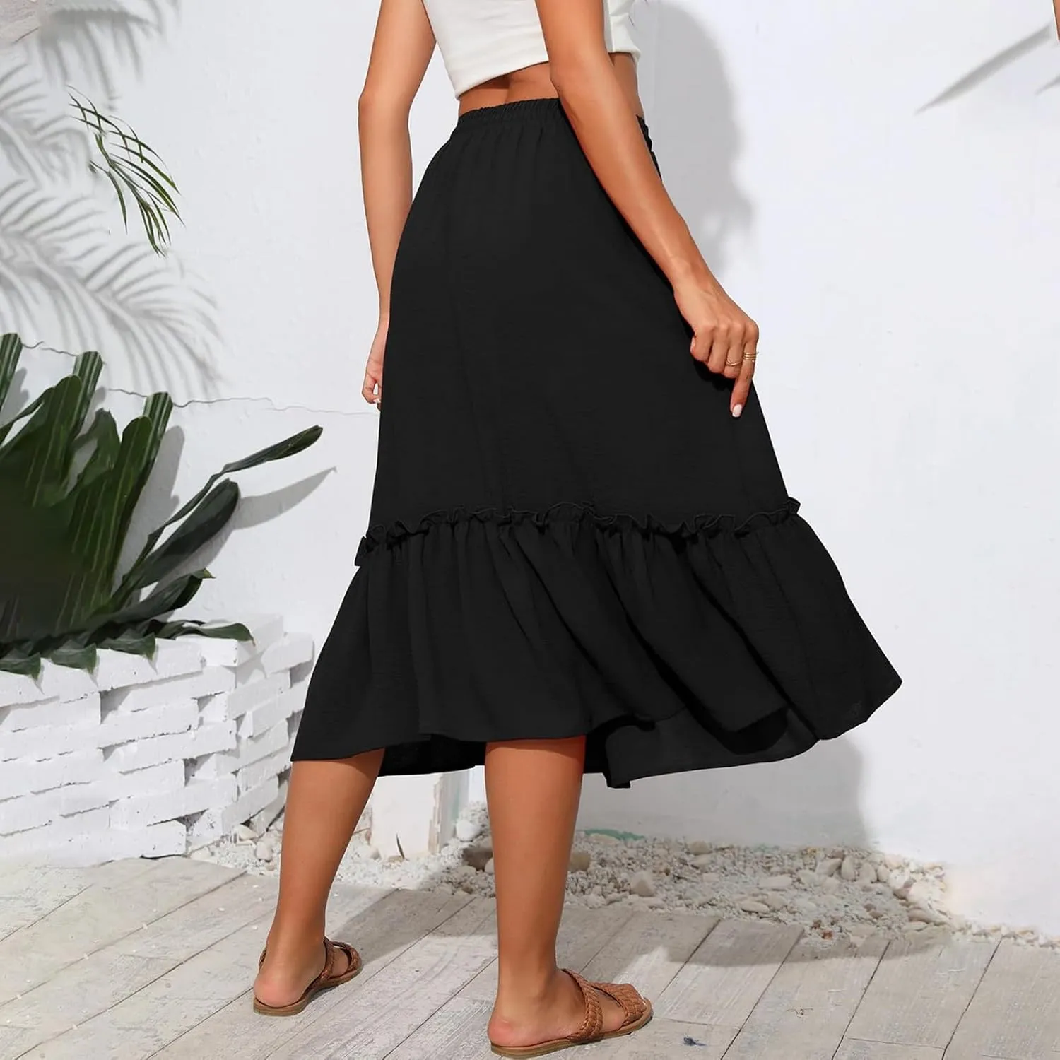midelxp Casual Flowy Skirts for Women Drawstring High Waisted Tiered Midi Skirts Boho Swing A Line Skirts with Pockets