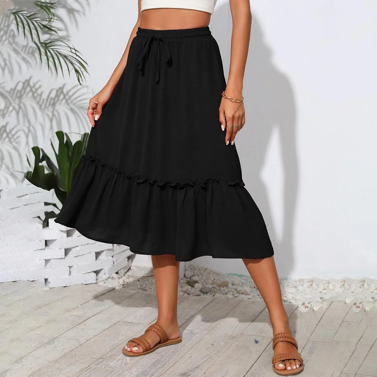 midelxp Casual Flowy Skirts for Women Drawstring High Waisted Tiered Midi Skirts Boho Swing A Line Skirts with Pockets