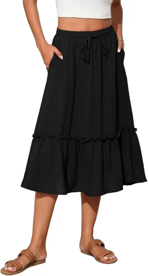 midelxp Casual Flowy Skirts for Women Drawstring High Waisted Tiered Midi Skirts Boho Swing A Line Skirts with Pockets