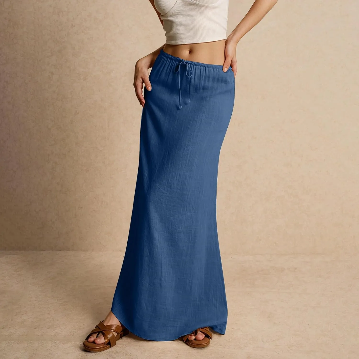 midelxp Linen Maxi Skirts for Women Trendy Summer Comfy Drawstring Waist A Line Skirts Cute Vacation Boho Long Flowy Skirts