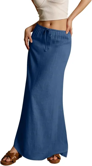 midelxp Linen Maxi Skirts for Women Trendy Summer Comfy Drawstring Waist A Line Skirts Cute Vacation Boho Long Flowy Skirts
