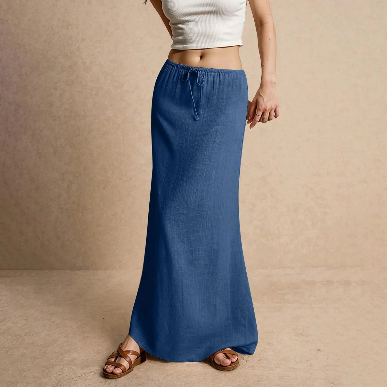 midelxp Linen Maxi Skirts for Women Trendy Summer Comfy Drawstring Waist A Line Skirts Cute Vacation Boho Long Flowy Skirts