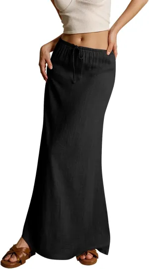 midelxp Linen Maxi Skirts for Women Trendy Summer Comfy Drawstring Waist A Line Skirts Cute Vacation Boho Long Flowy Skirts