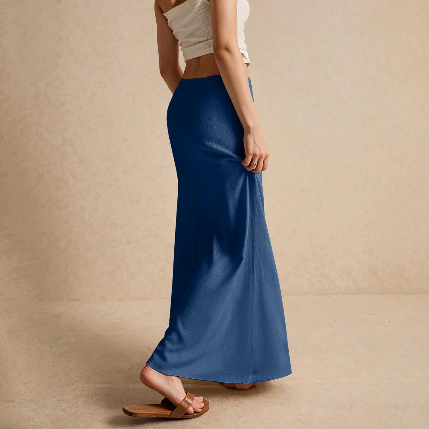 midelxp Linen Maxi Skirts for Women Trendy Summer Comfy Drawstring Waist A Line Skirts Cute Vacation Boho Long Flowy Skirts