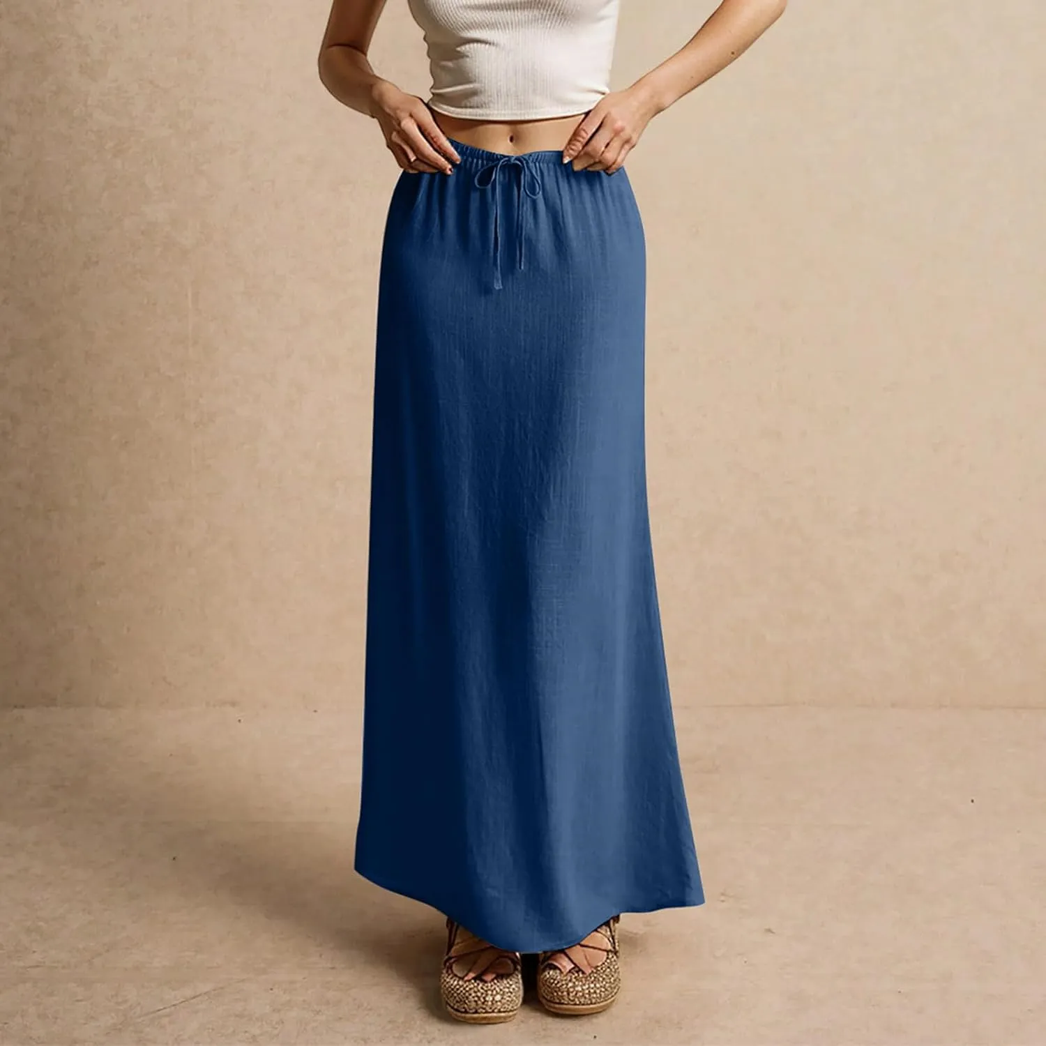 midelxp Linen Maxi Skirts for Women Trendy Summer Comfy Drawstring Waist A Line Skirts Cute Vacation Boho Long Flowy Skirts