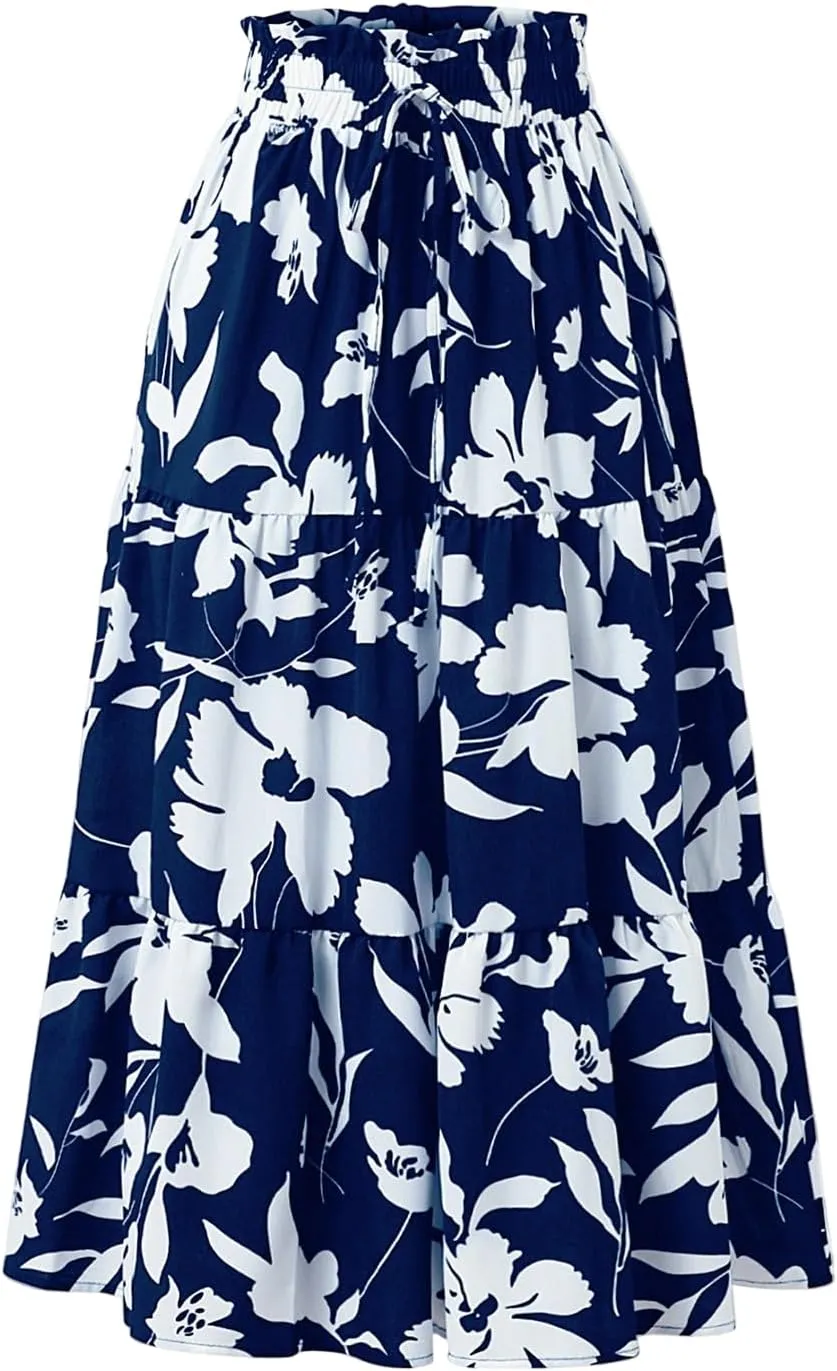 Midi Skirts for Women Trendy Floral Flowy Tiered Elastic High Waisted Skirt Summer Boho Beach A Line Ruffle Cute Skirts