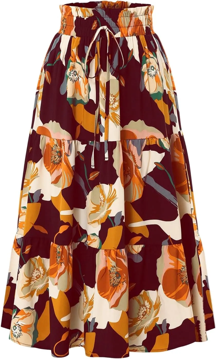 Midi Skirts for Women Trendy Floral Flowy Tiered Elastic High Waisted Skirt Summer Boho Beach A Line Ruffle Cute Skirts