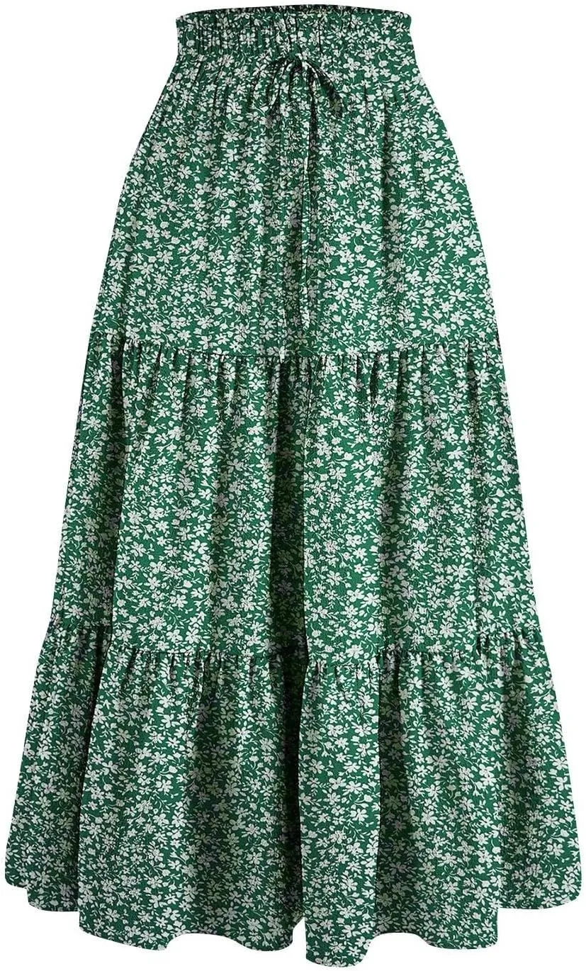 Midi Skirts for Women Trendy Floral Flowy Tiered Elastic High Waisted Skirt Summer Boho Beach A Line Ruffle Cute Skirts