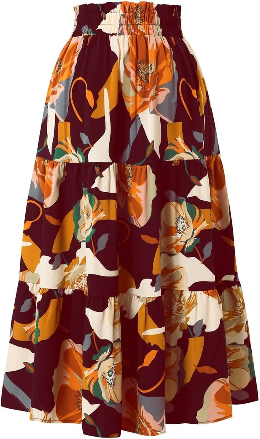 Midi Skirts for Women Trendy Floral Flowy Tiered Elastic High Waisted Skirt Summer Boho Beach A Line Ruffle Cute Skirts