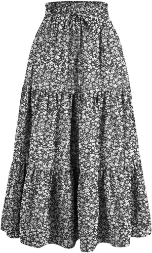 Midi Skirts for Women Trendy Floral Flowy Tiered Elastic High Waisted Skirt Summer Boho Beach A Line Ruffle Cute Skirts