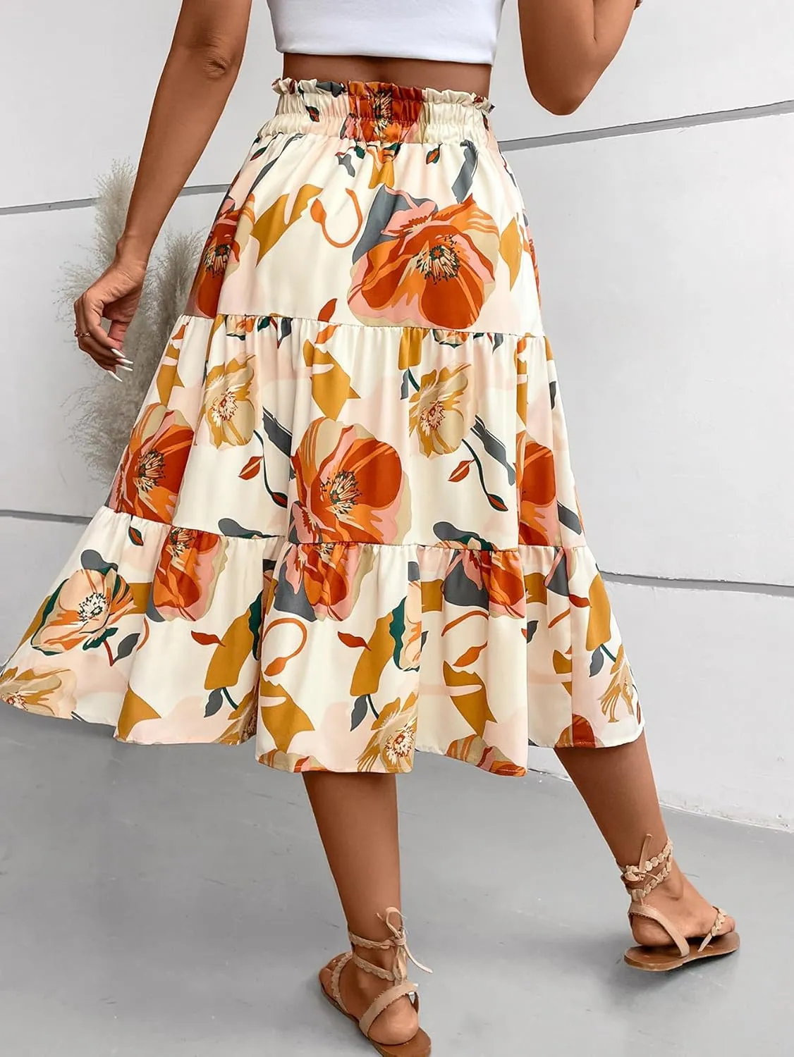 Midi Skirts for Women Trendy Floral Flowy Tiered Elastic High Waisted Skirt Summer Boho Beach A Line Ruffle Cute Skirts