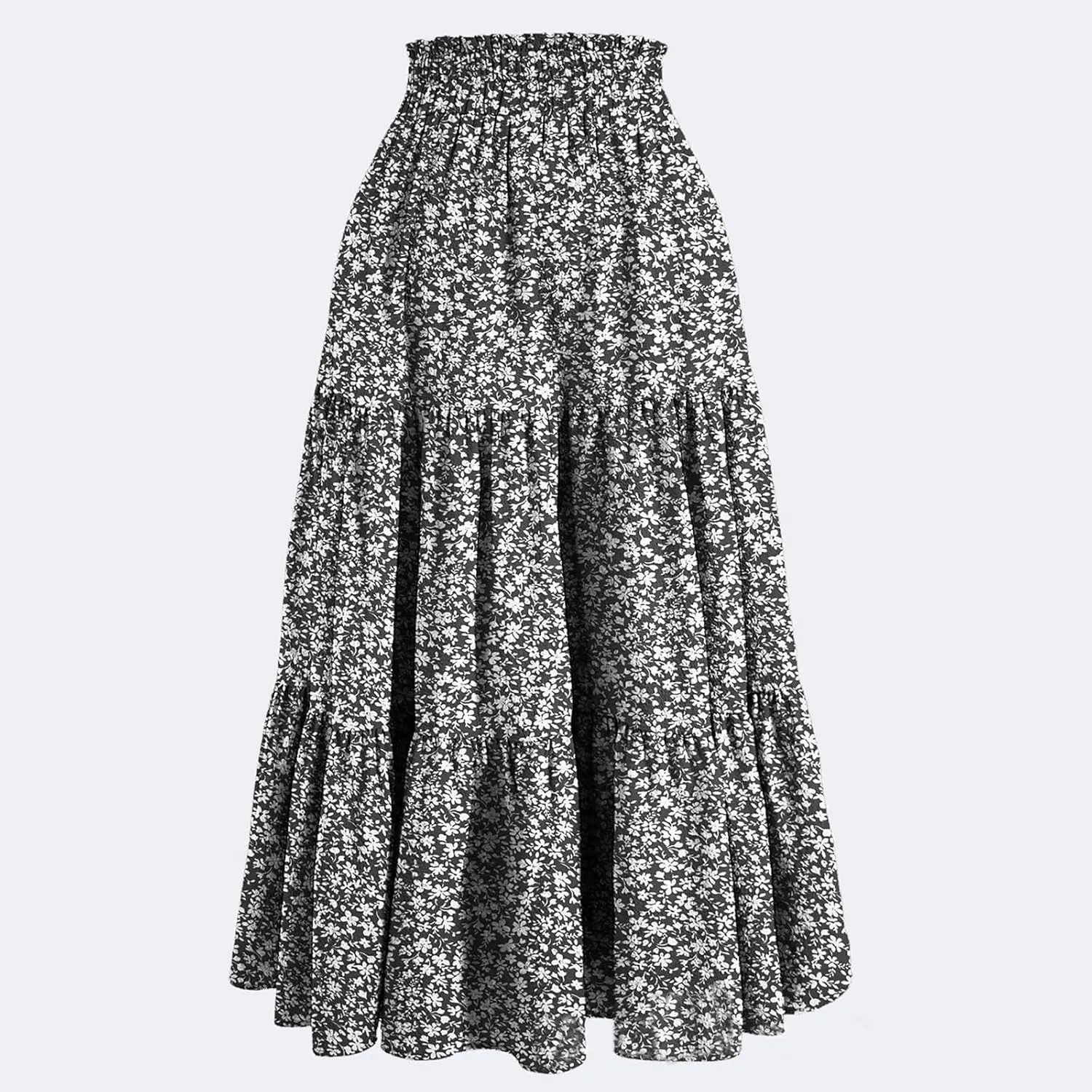 Midi Skirts for Women Trendy Floral Flowy Tiered Elastic High Waisted Skirt Summer Boho Beach A Line Ruffle Cute Skirts